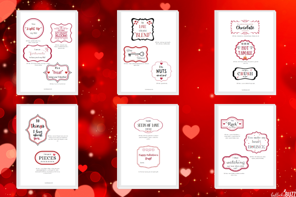 14 days of valentines mockup of all 5 printable pages of the tags for gifts on red background
