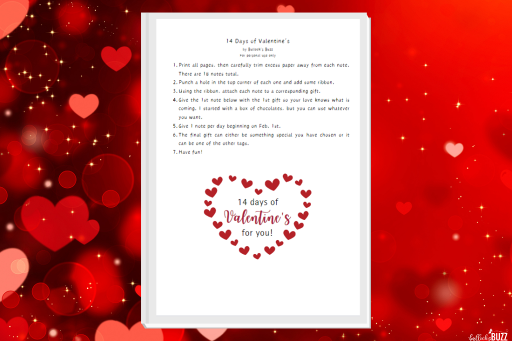 14 days of valentines mockup of the printable instructions and 1 day tag on a red background.
