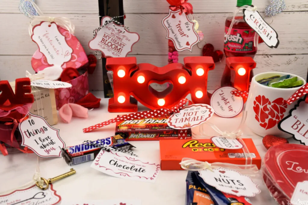 close up of all 14 days of Valentines with their printable tags attached