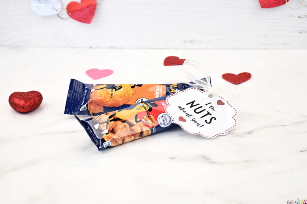 Two small bags of nuts tied together with a ribbon, accompanied by a tag that says 'I'm Nuts About You'.