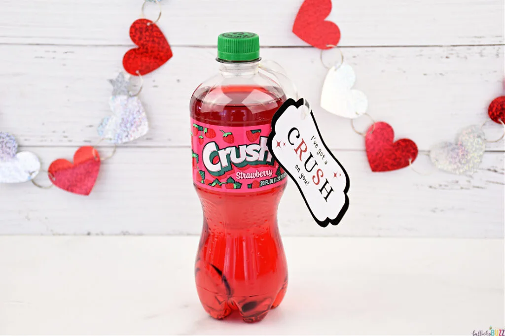 A bottle of Strawberry Crush soda with a 14 Days of Valentines tag, reading 'I've Got a Crush on You'.