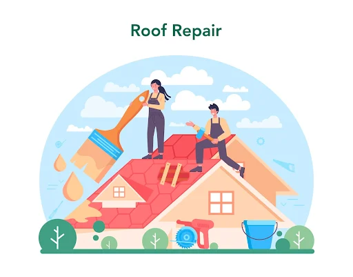 An illustration of two people on the roof of a home signifying working on home repair services.