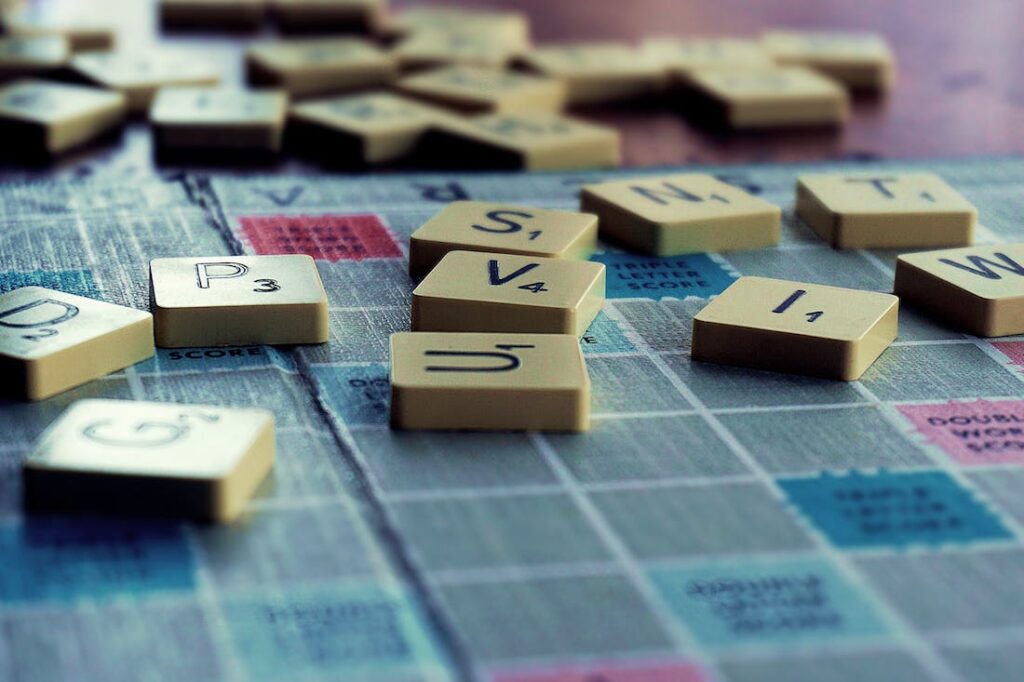 Scrabble tiles and game board. 