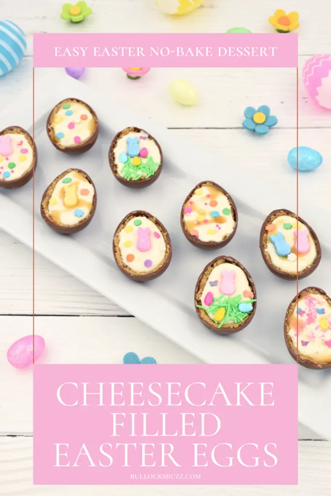 Overhead view of Cheesecake Filled Easter Eggs on a white tray, showcasing the creamy filling and festive decorations