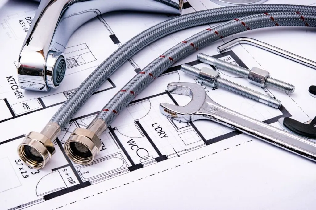 A wrench and hoses on house plans