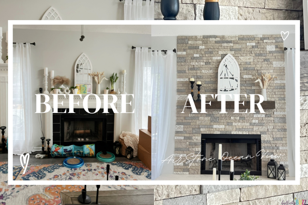 Before and after image of our DIY Fireplace remodel with AirStone