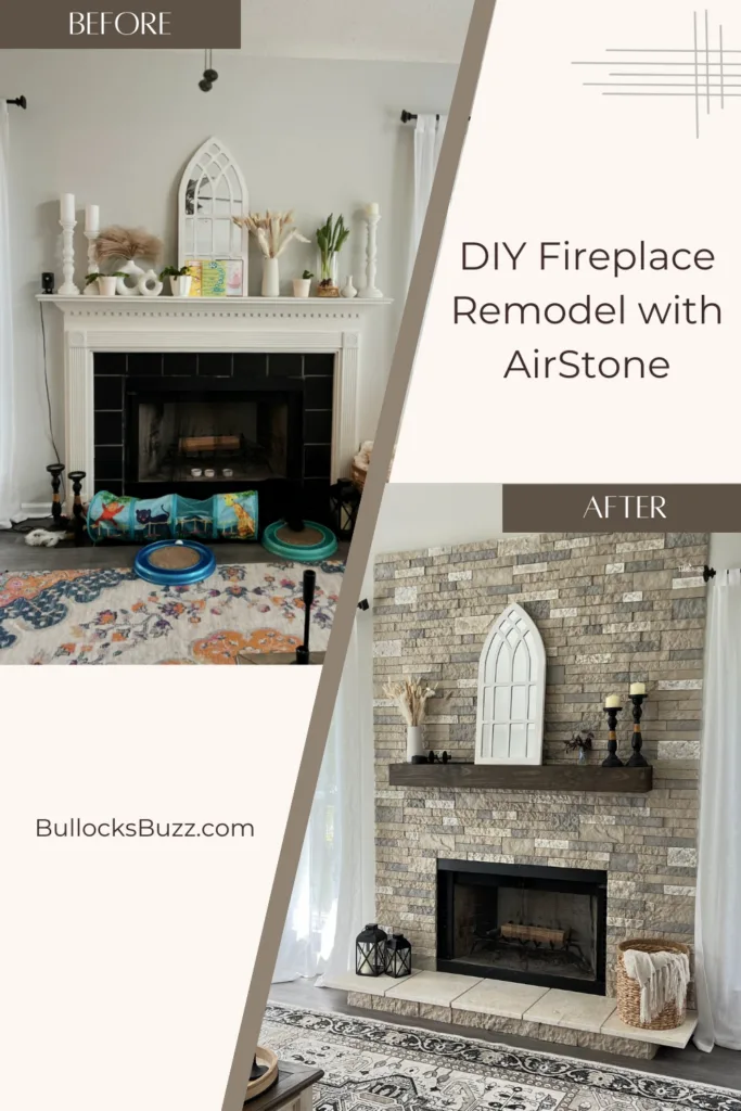 A split images showing a before picture of the fireplace and an after picture of the fireplace remodeled using AirStone.