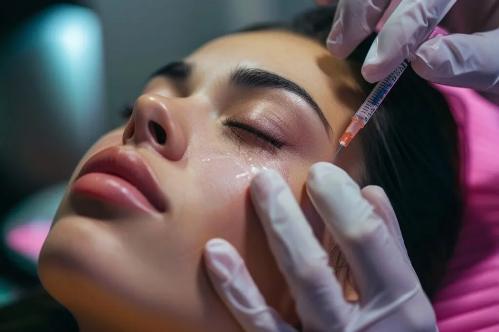 A person injecting Botox into a woman's face