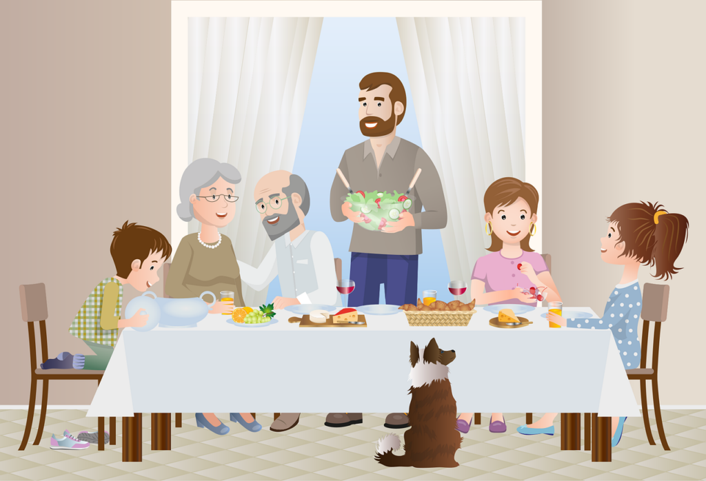Cartoon image of a man serving a family seated around a table about to eat one of these creative meal prep ideas for busy families.