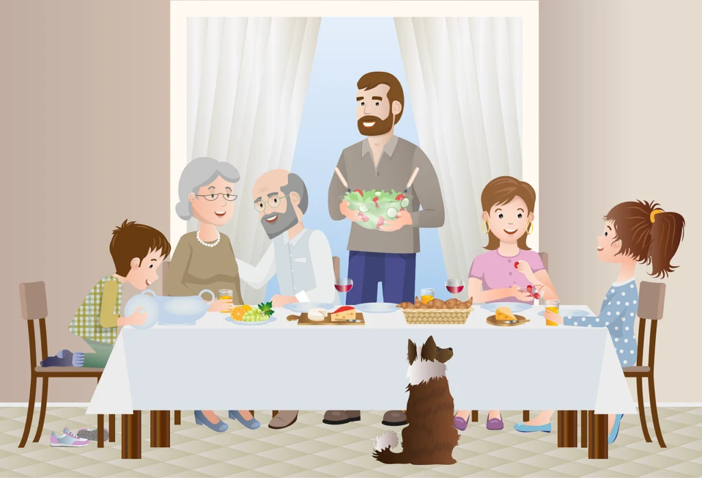 Cartoon image of a man serving a family seated around a table about to eat one of these creative meal prep ideas for busy families.