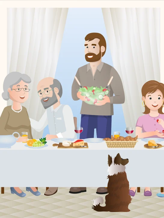 Cartoon image of a man serving a family seated around a table about to eat one of these creative meal prep ideas for busy families.