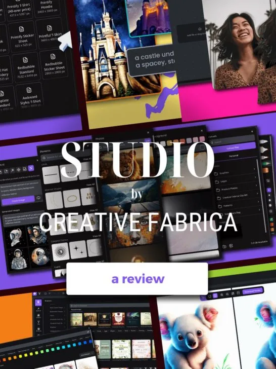 A collage of features found in Creative Fabrica Studio tool review with the name of the tool written in large white letters