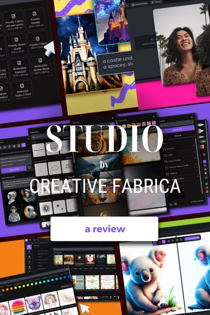 A collage of features found in Creative Fabrica Studio tool review with the name of the tool written in large white letters