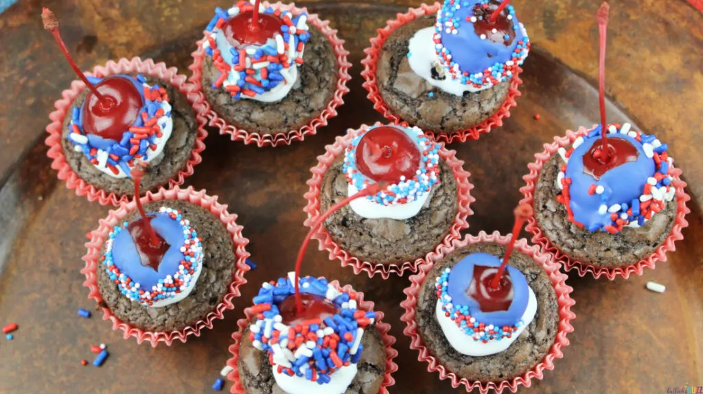 overhead image of a tray full of Patriotic Brownie Bombs patriotic brownie bites