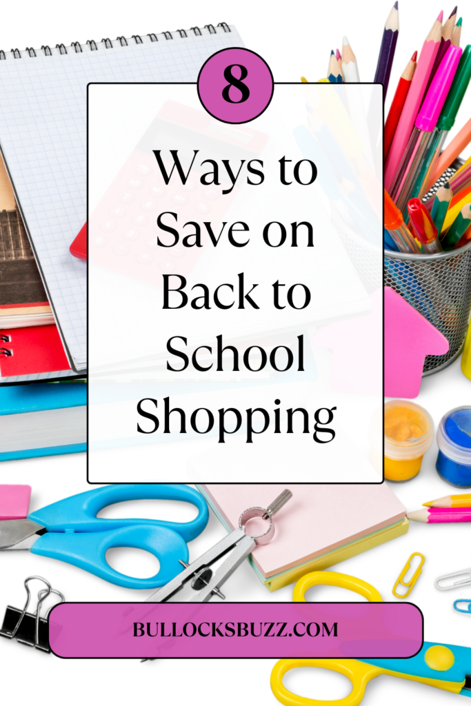 School supplies often bought during back to school shopping laid out on a white background. Here are 8 ways to save on back to school shopping.