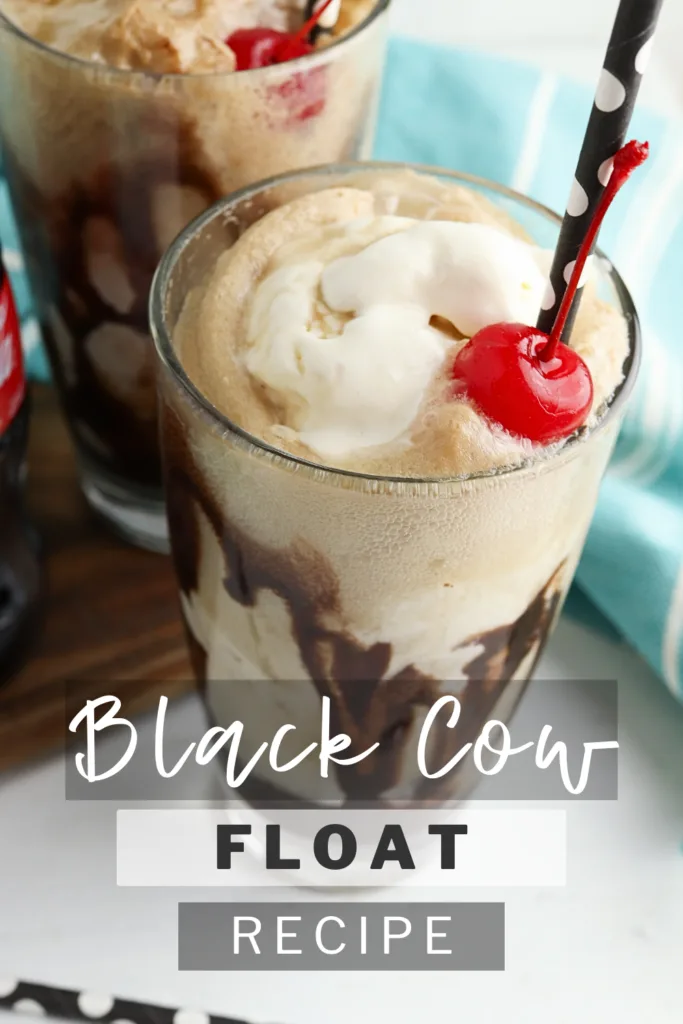Overhead view of a delicious Black Cow Float with a cherry on top