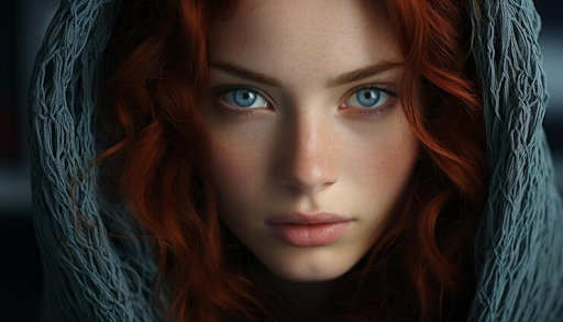 A photo of a beautiful redhead with striking blue eyes serving as an example of how eye color influences portrait perception