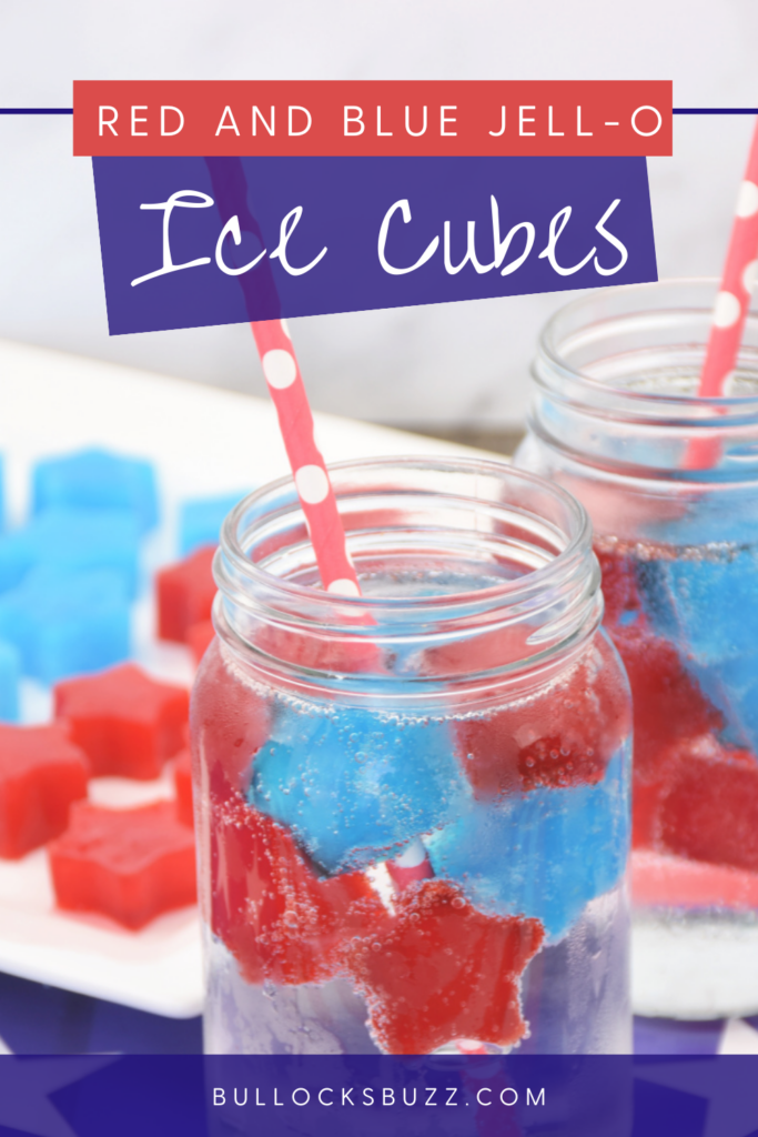 Close up of a glass filled with red and blue Jell-o ice cubes and lemon lime soda with a red and white polka dot  paper straw