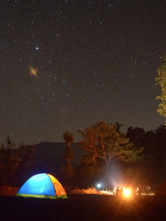 A family sitting around their camp fire with their tent lit up and the night sky filled with stars. Having the essential camping gear can make your trip one to remember.