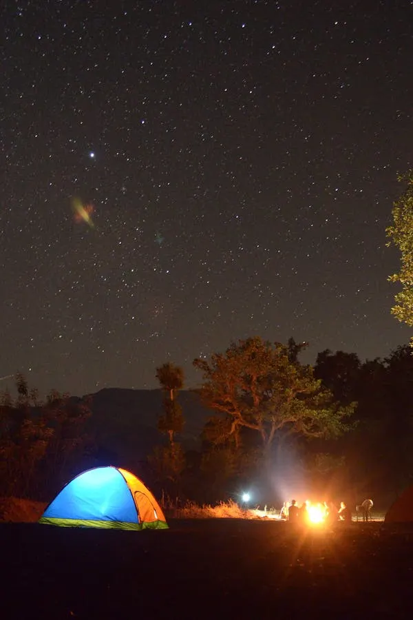 A family sitting around their camp fire with their tent lit up and the night sky filled with stars.