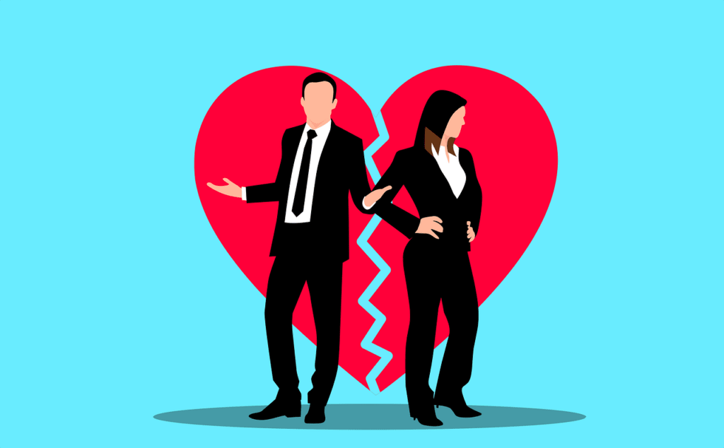 An illustration representing divorce showing a couple in front of a broken heart with their backs turned towards each other