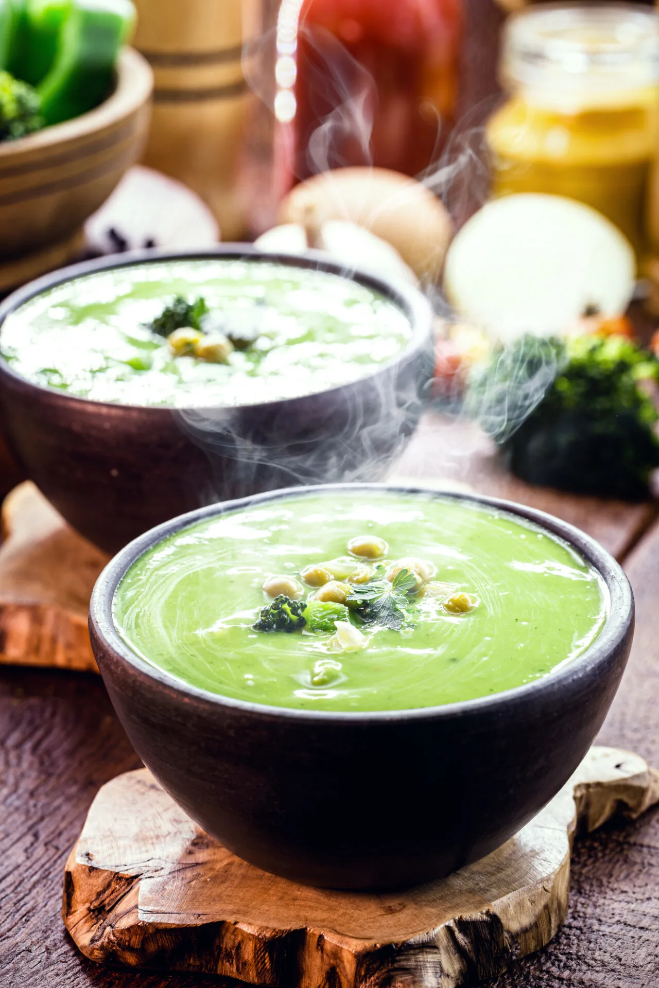 two bowls of creamy spinach soup