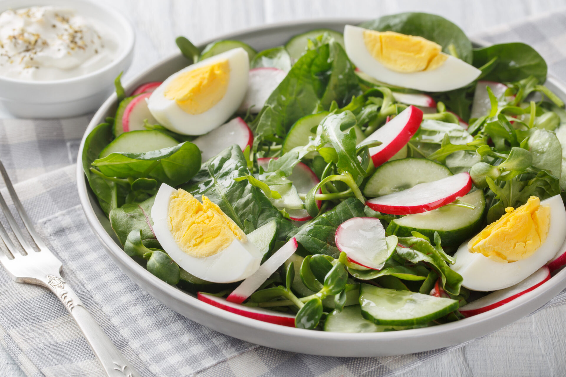 Fresh Polish spring salad from radish, cucumber, lettuce mix, spinach and eggs close-up in a plate on a wooden table closeup on the plate on the table. Horizontal