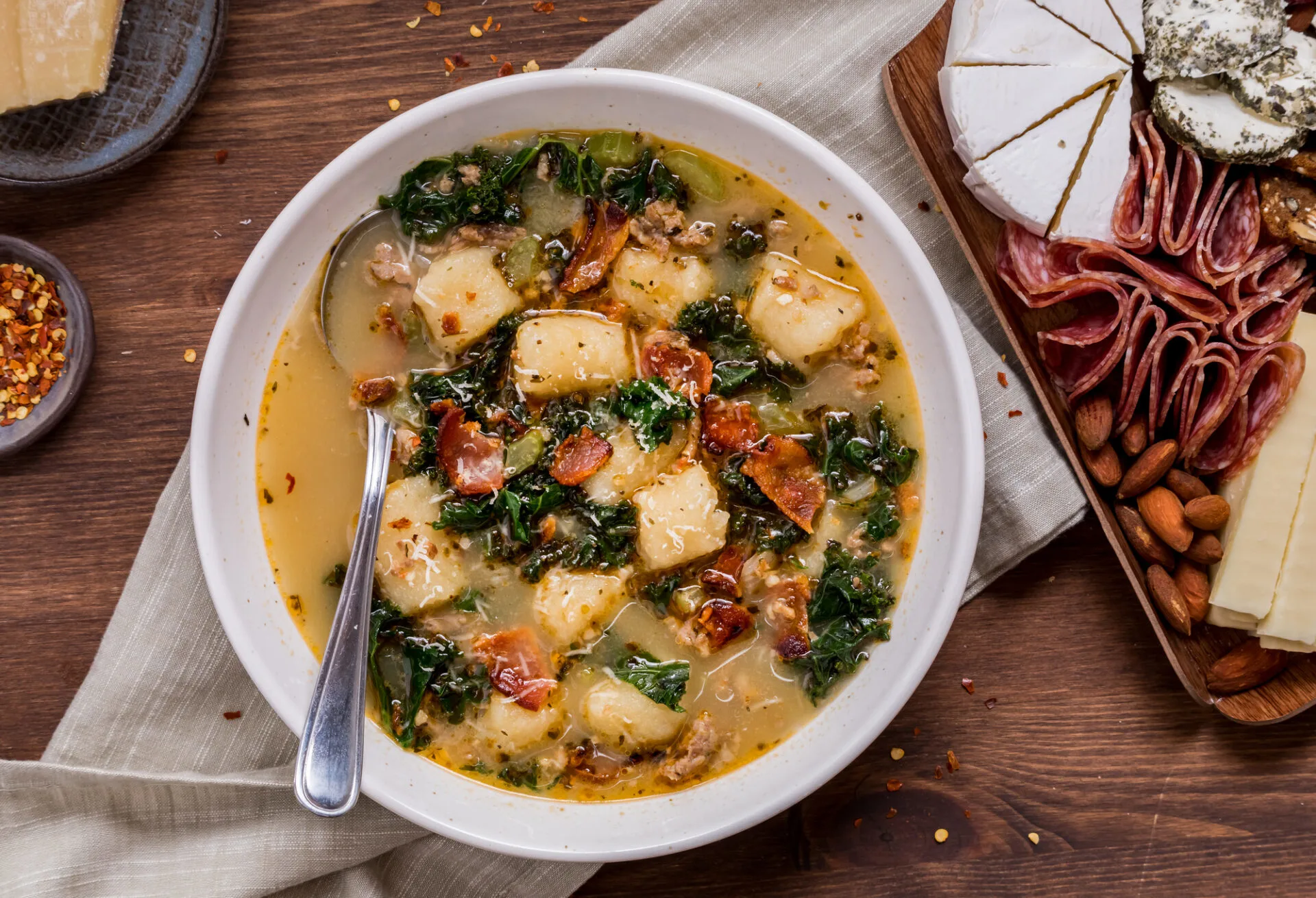 clam chowder in white bowl