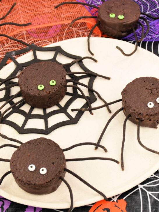 Halloween Spider Cakes sitting on a white tray