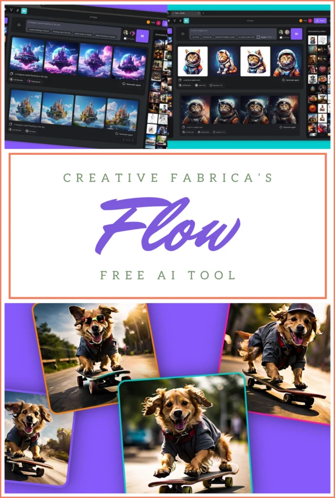 A three image collage showing images created using Creative Fabrica's Flow AI image generation tool