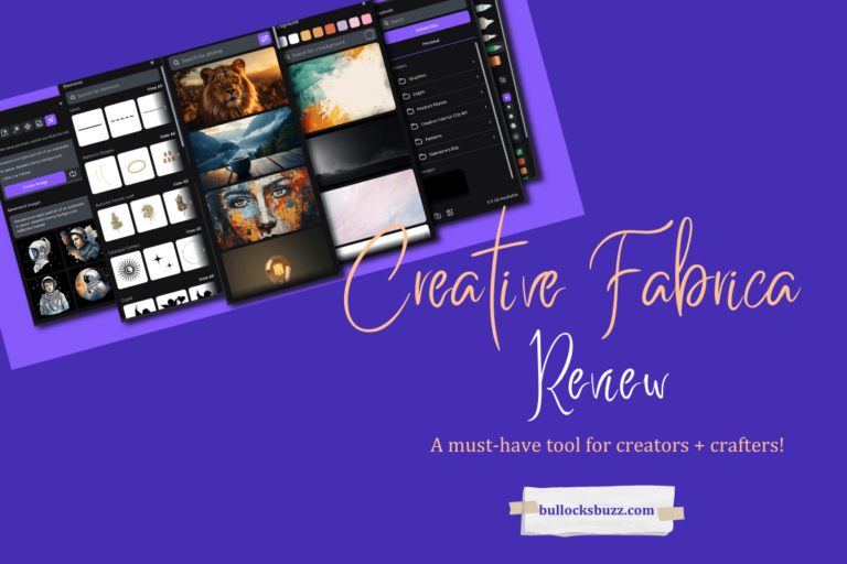 An image with a deep purple background and the words creative fabrica review in peach