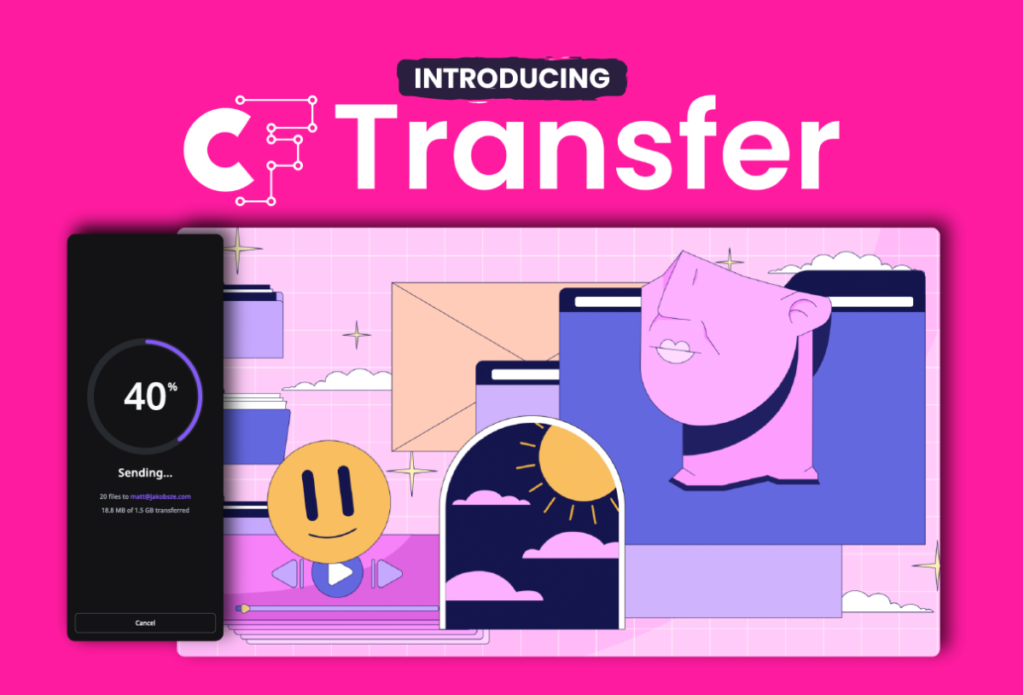 graphic on hot pink background introducing CF Transfer