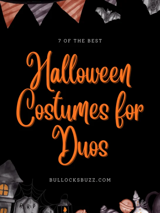 The words 8 of the best Halloween costumes for duos on a back background with Halloween-themed border