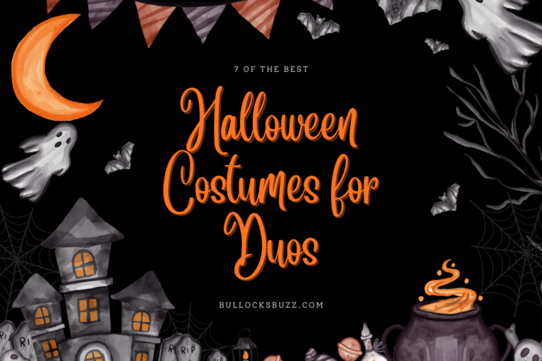 The words 8 of the best Halloween costumes for duos on a back background with Halloween-themed border