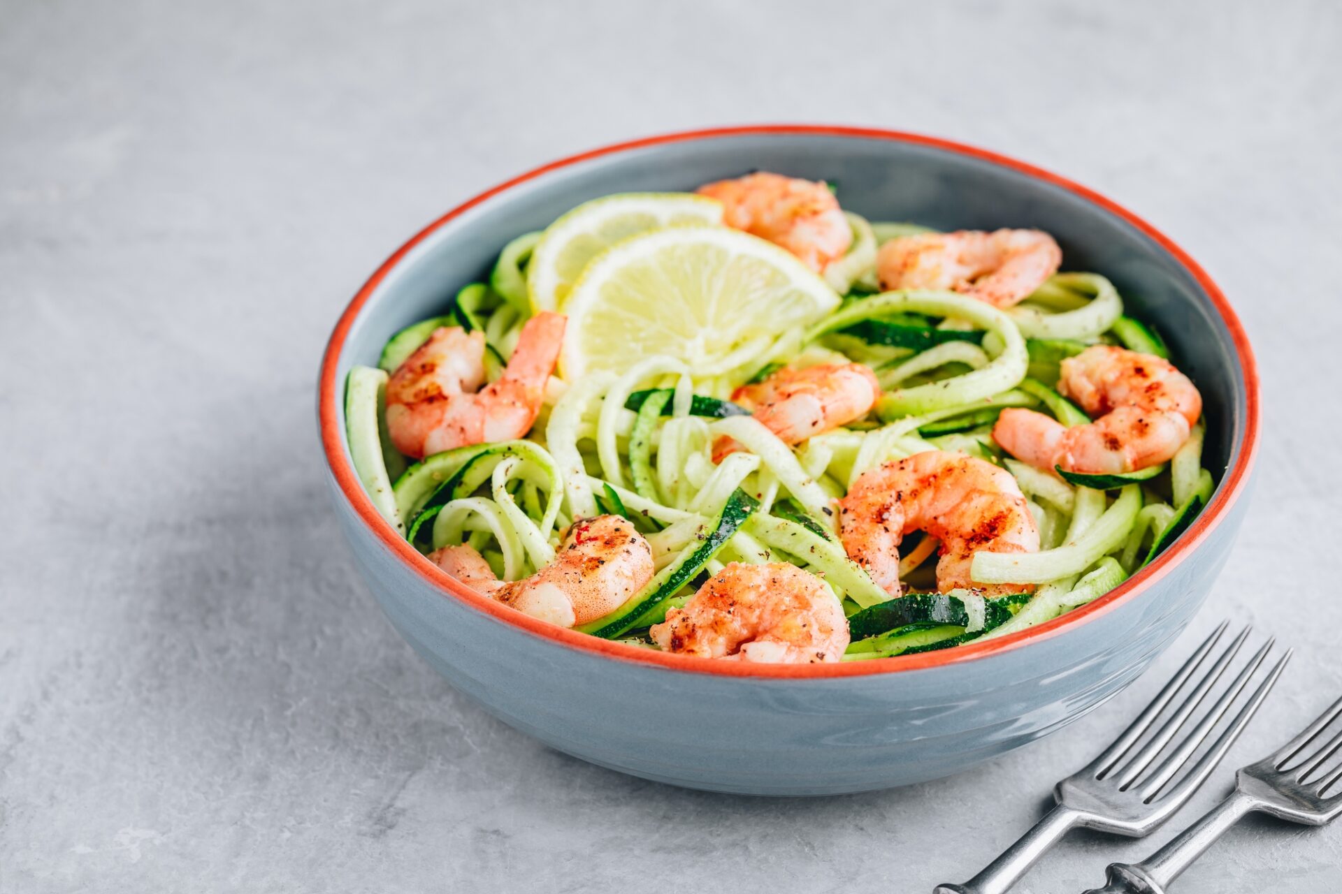 Spiralized zucchini noodles pasta with shrimps