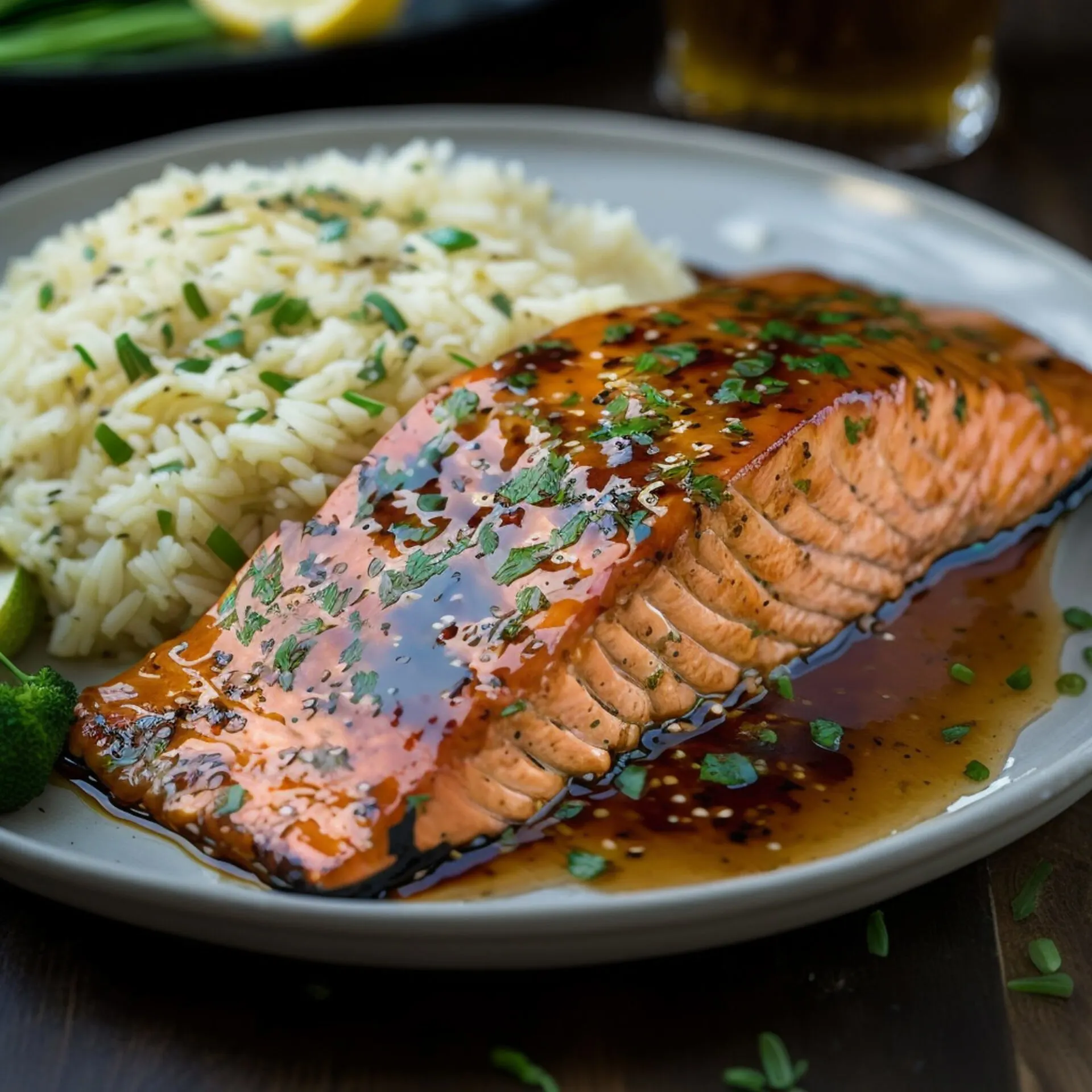 Honey Garlic Glazed Salmon is served next to a jasmine rice, both garnished with fresh herbs