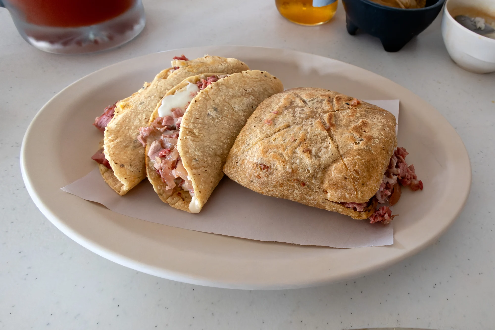 A Pork carnitas tacos with handmade tortillas in Mexico