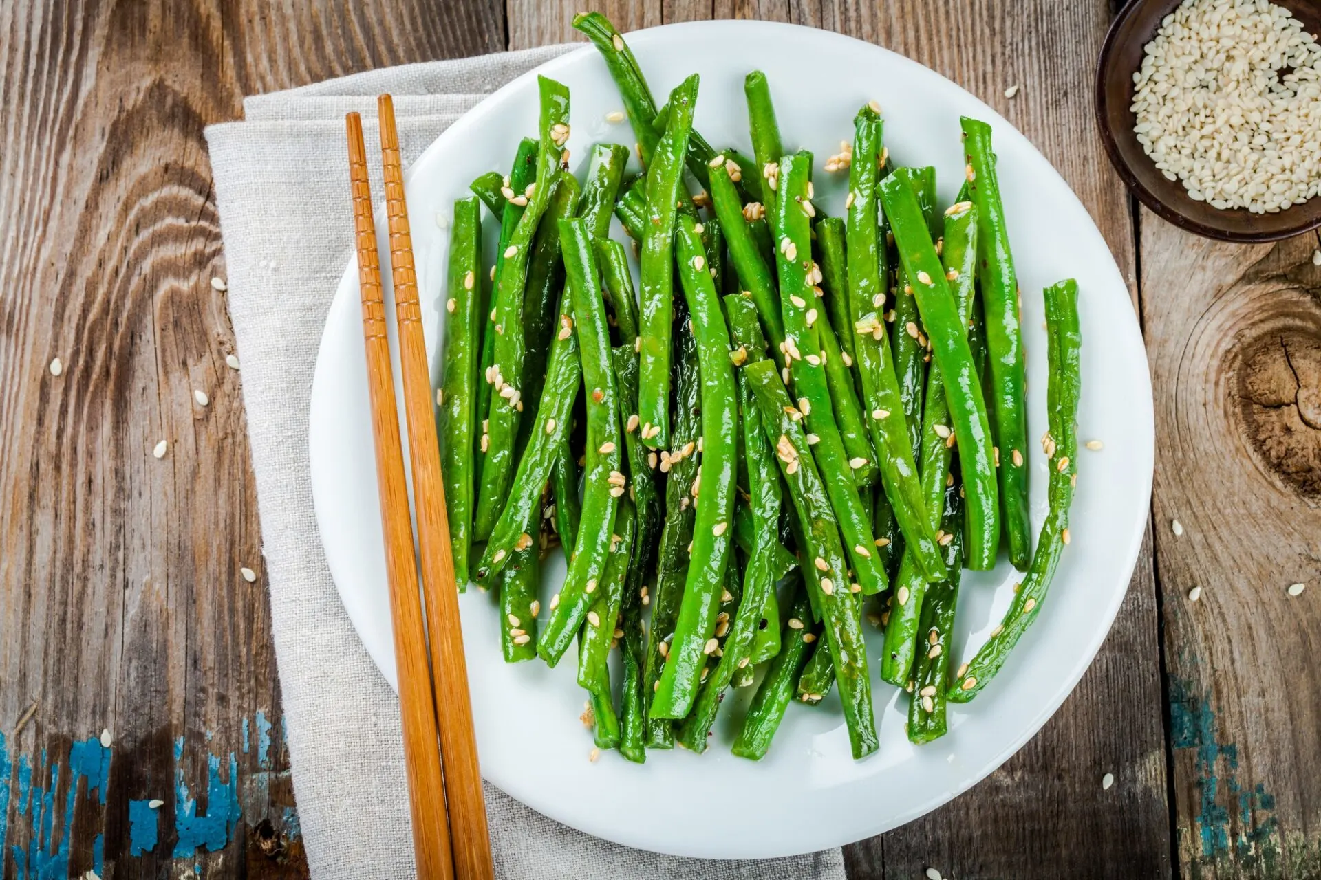 Fried green beans with sesame. Asian food