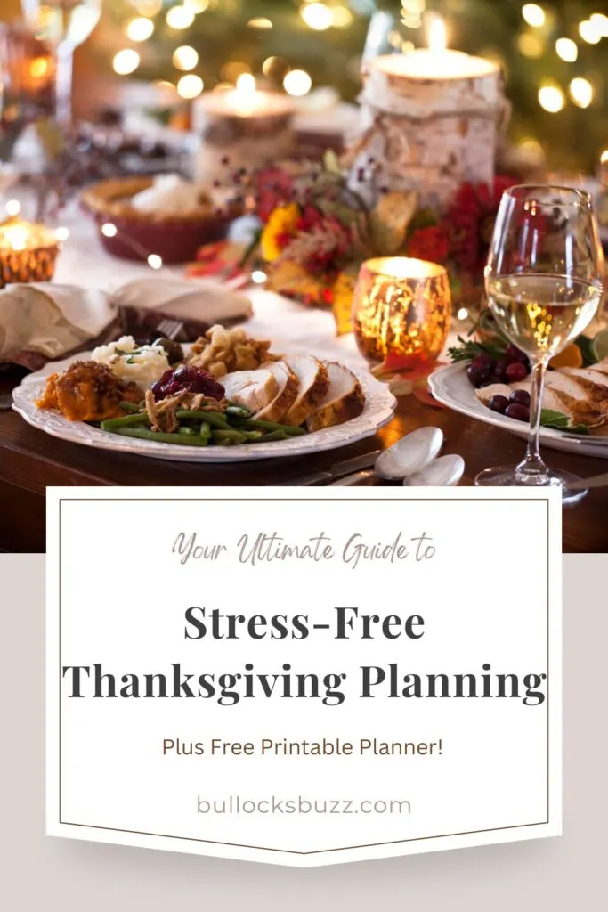 A Thanksgiving feast set up on a table with candles, a centerpiece, wine, and plates of food. Have a stress-free Thanksgiving with these tips.