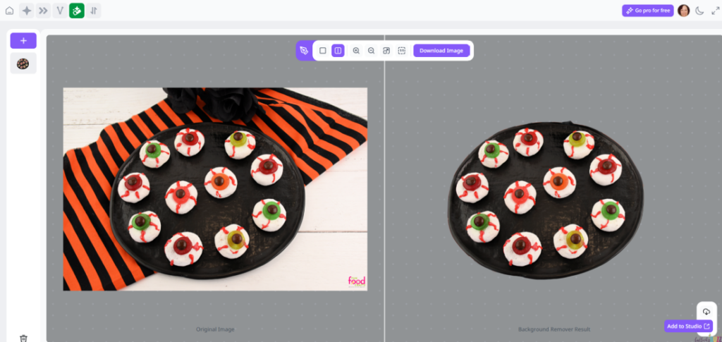 Screenshot of Creative Fabrica Background Remover in use showing before and after of an image with the  background removed