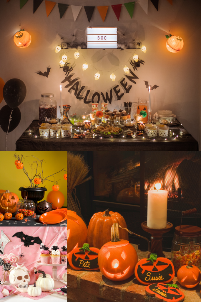 A collage of tablescape ideas for a Halloween party