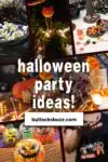 A collage of images related to halloween party including food, decor and party favors