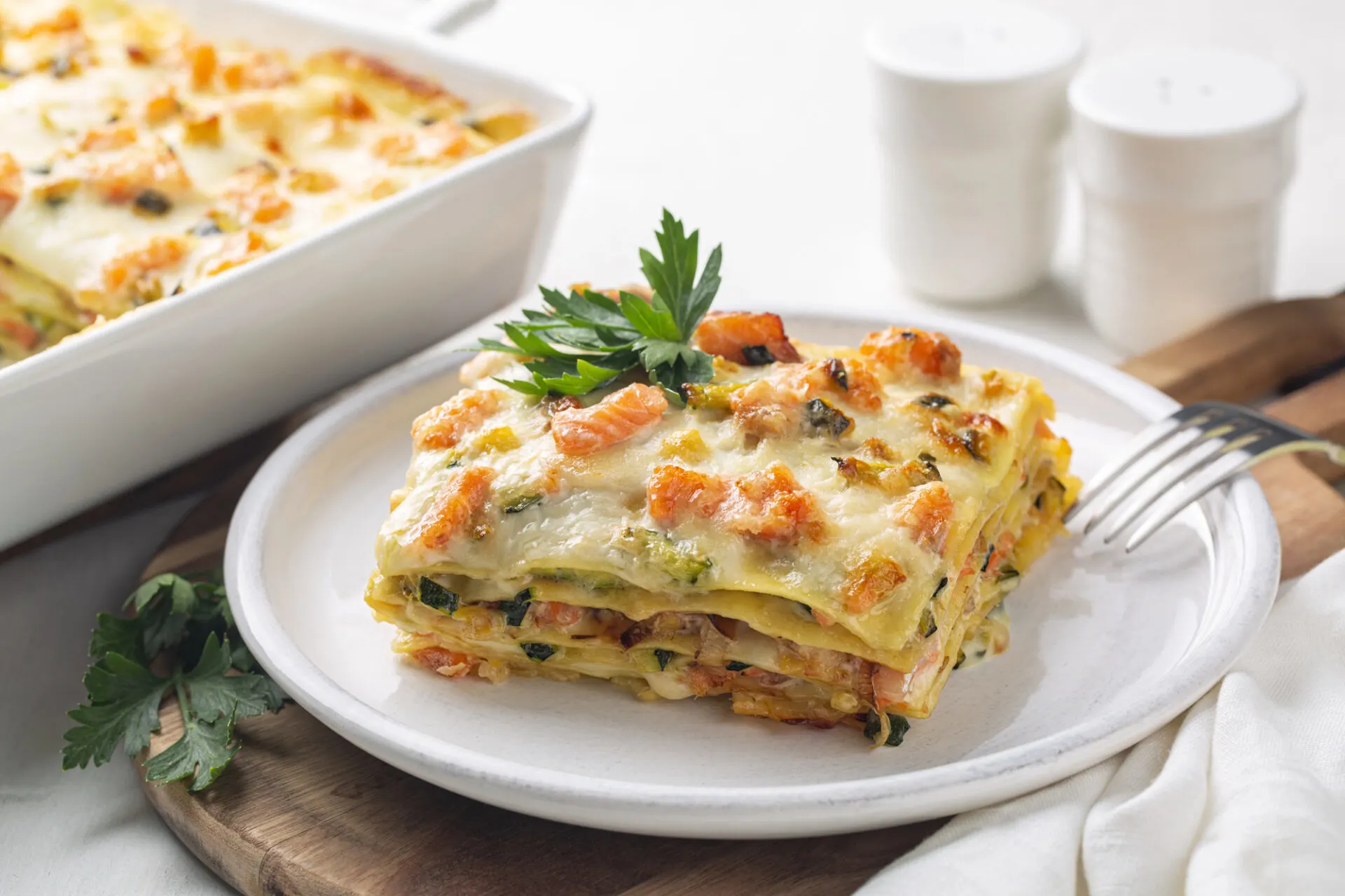 Lasagna Salmon Fish Zucchini Bechamel Sauce Parmesan Cheese Leek Baked — Stock Photo, Image