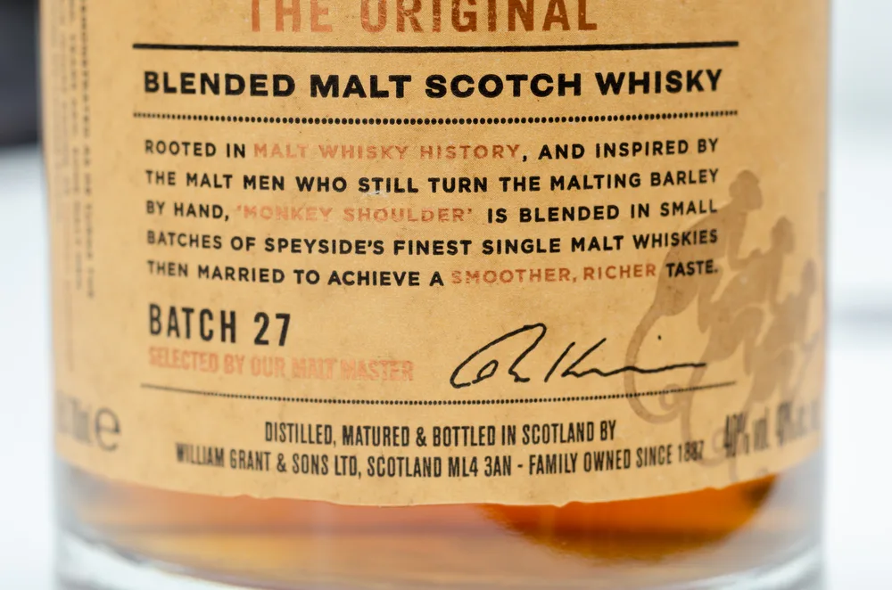 LONDON, UNITED KINGDOM - JANUARY 27, 2021 Closeup on the blended malt scotch whisky Monkey Shoulder, The brand with characteristic three monkeys