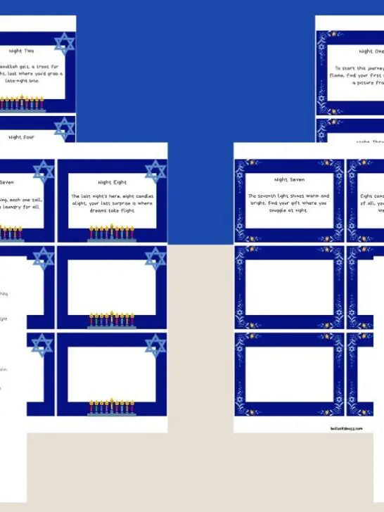 Mock up of Printable Hanukkah Scavenger Hunt Hanukkah game cards close up