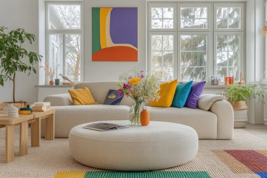 A neutral living room with pops of bright color where the owner knew how to make your home look like you