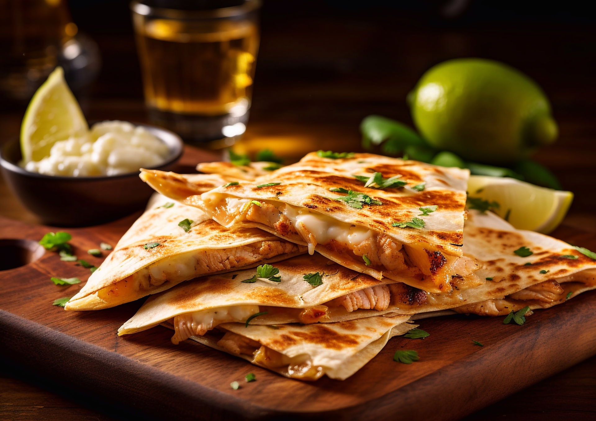 Quesadillas with cheese and chicken on wooden board with tequila and lime.Macro.AI Generative