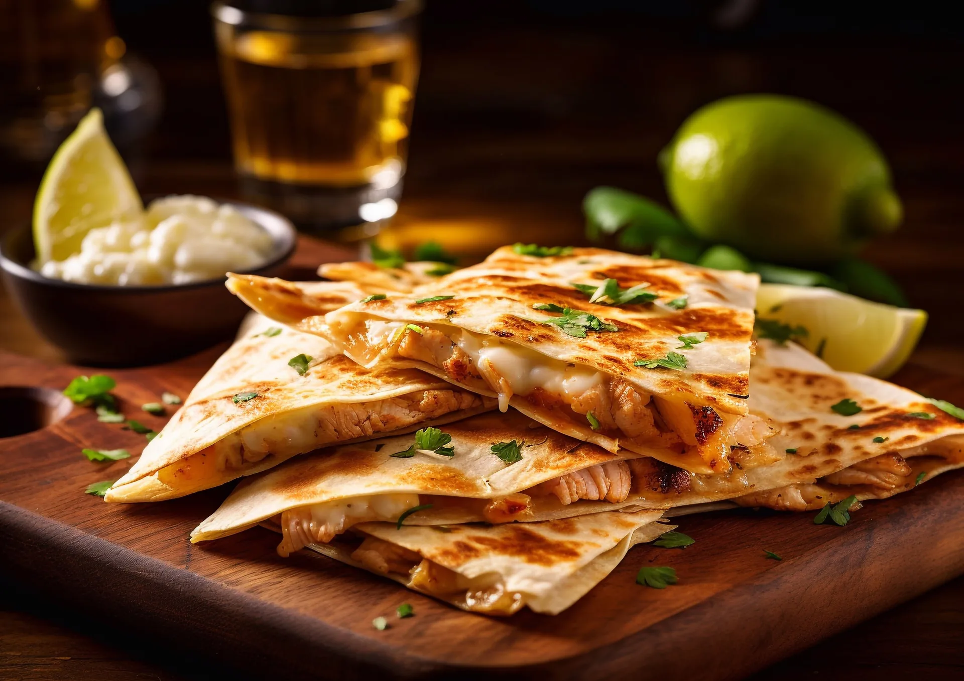 Quesadillas with cheese and chicken on wooden board with tequila and lime.Macro.AI Generative