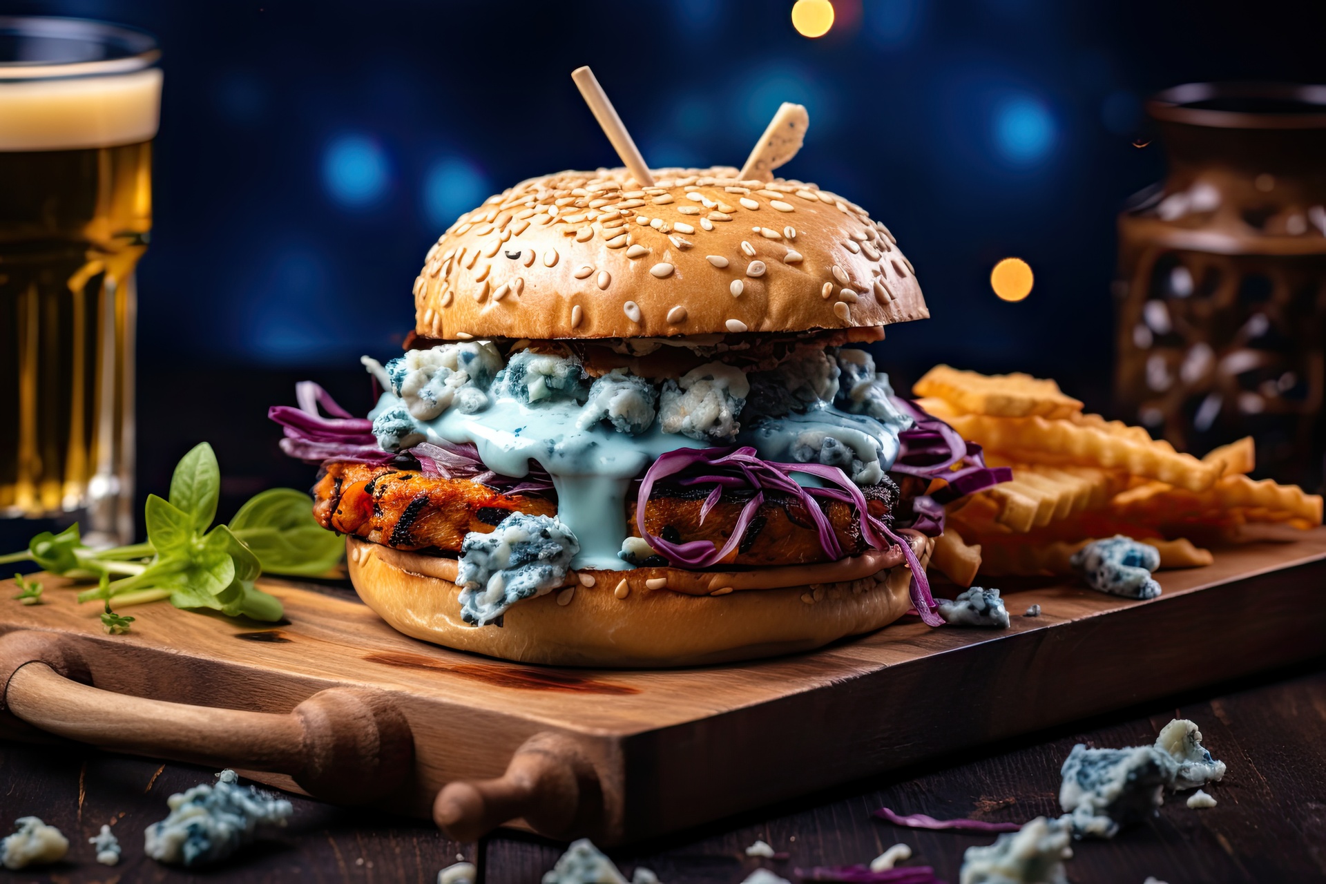 A large burger with blue cheese and mold served with French fries