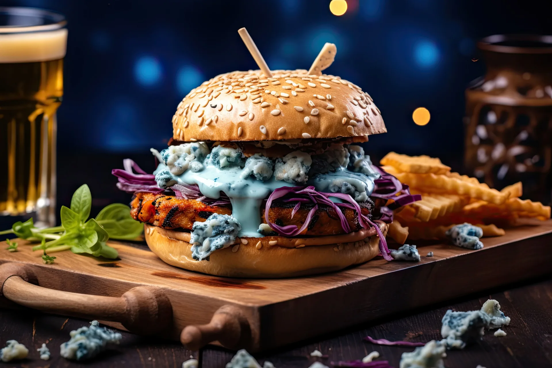 A large burger with blue cheese and mold served with French fries